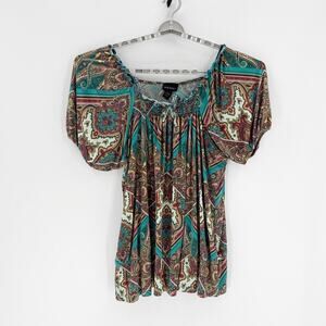 Lane Bryant True Y2K paisley teal brown long line shirt size 26/28